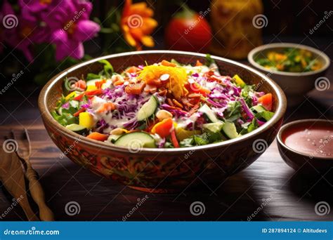 Bowl Of Colorful Mixed Salad With Dressing Stock Illustration