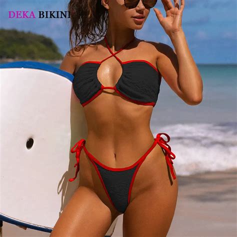 Deka Contrast Binding Bikini Set Women Wrap Halter Swimsuit Textured