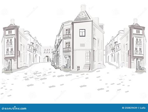 Series Of Street Views In The Old City Hand Drawn Vector Architectural