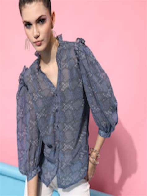 Buy Street 9 Women Blue And White Floral Sheer Printed Casual Shirt