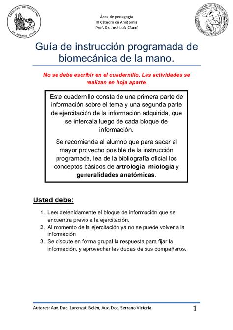 Instrucción programada biomecánica de mano III Cátedra de Anatomía