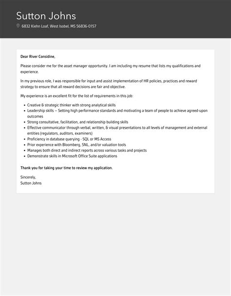 Asset Manager Cover Letter Velvet Jobs