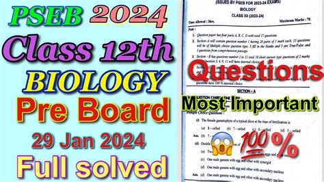 Class 12th Biology Pre Board Paper 29 Jan 2024 Pseb Class 12th