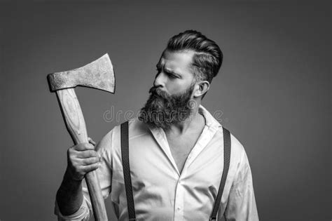 Brutal Man In Suspenders Isolated On Grey Mature Redhead Man With Hairstyle Brutal Male