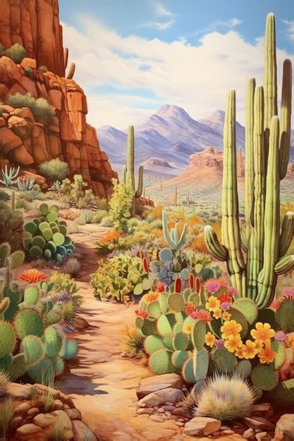 Pintura de una escena del desierto con plantas de cactus y montañas ai