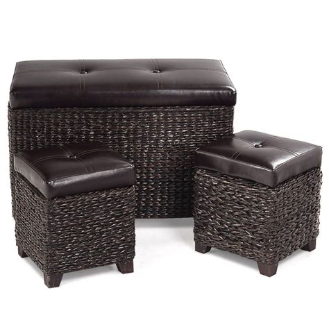 Giantex 3 Piece Rattan Storage Bench And Ottoman Stools Cubic Storage