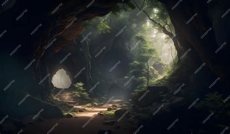 Premium AI Image | Cave in fantasy forest background Generative AI