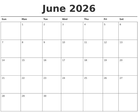 June 2026 Calendar Printable