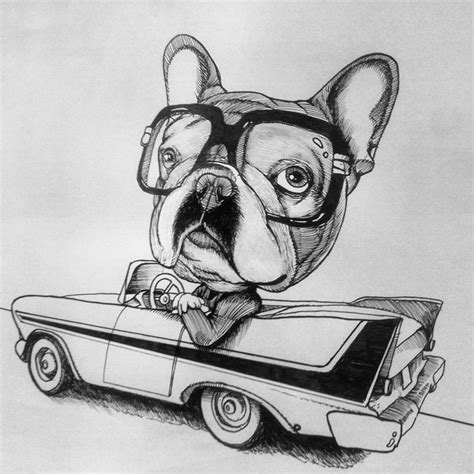 A Drawing Of A Dog With Glasses On Top Of A Car