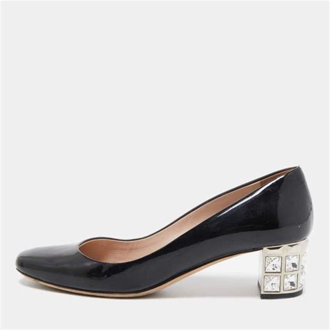 Miu Miu Black Patent Leather Crystal Embellished Block Heel Pumps Size