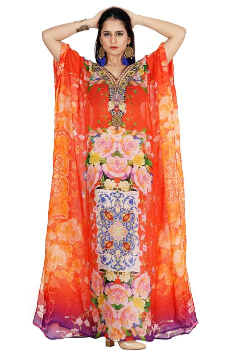 Orange Colored V Necked Silk Kaftan With Flower Print And Embellished