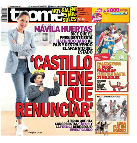 Portada Trome Pedro Castillo Tiene Que Renunciar IMPRESA TROME