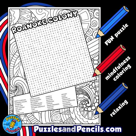 Roanoke Colony Word Search Puzzle With Coloring US History Wordsearch