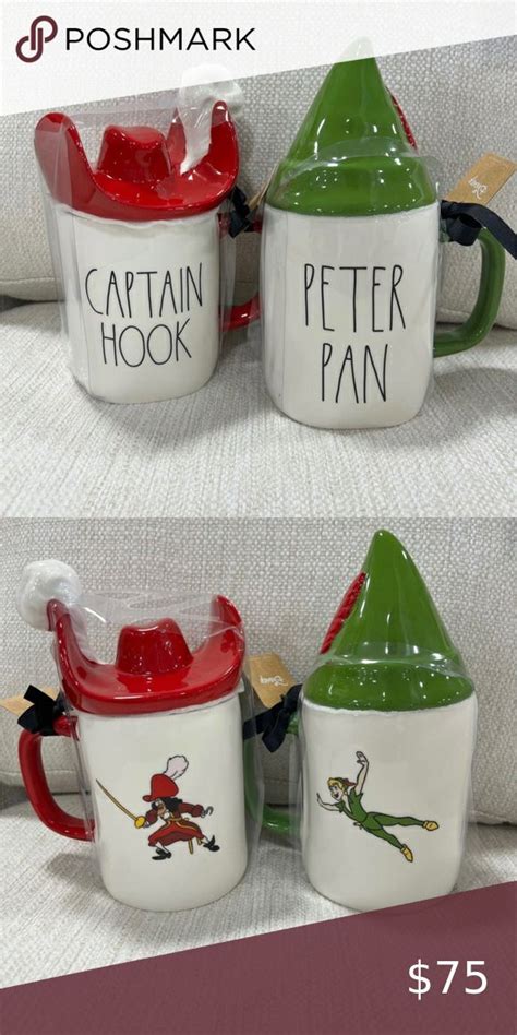 Rae Dunn Peter Pan And Captain Hook Mugs With Topper Set Rae Dunn