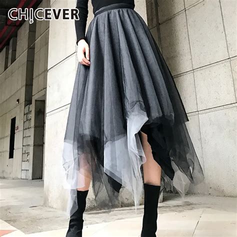 Chicever Autumn Winter Womens Mesh Skirts Female Elastic High Waist