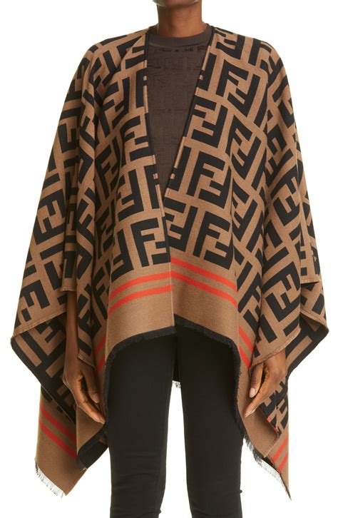 Fendi Wo Ff Logo Wool Blend Twill Poncho Tobacco Editorialist