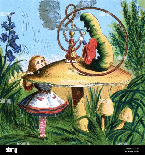 Alice in Wonderland, Alice meets a caterpillar sitting on a mushroom Stock Photo, Royalty Free ...