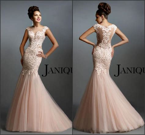 Newest Janique Blush Evening Dresses Mermaid Applique Lace Sheer Neck