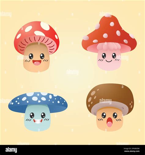 Cute Kawaii Mushroom Character Set Stock Vector Image Art Alamy