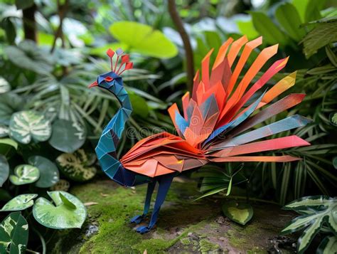 An Origami Peacock Displays Its Magnificent Tail In A Realistic Garden