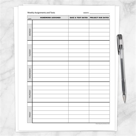 Printable Weekly School Assignments And Tests Sheet Back Side At Printable Planning Homework