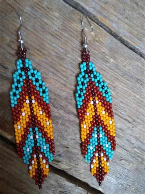 Feather Beaded Earringsnative American Style Etsy Bead Weaving