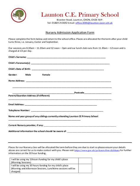 Fillable Online Nursery Admission Application Form Launton Oxon Sch Uk Fax Email Print Pdffiller