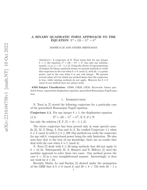 Pdf A Binary Quadratic Approach To X 2 2k 1 Y K Z