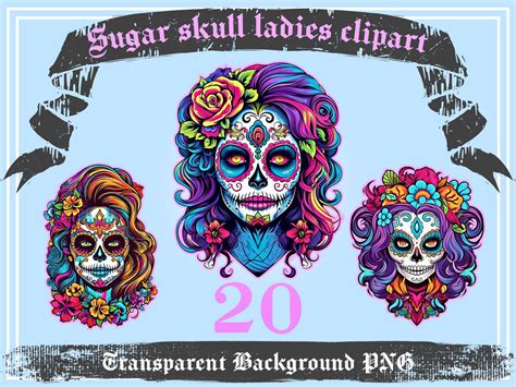 Lady Sugar Skull Clipart Bundle Png Lady Dead Printable Etsy