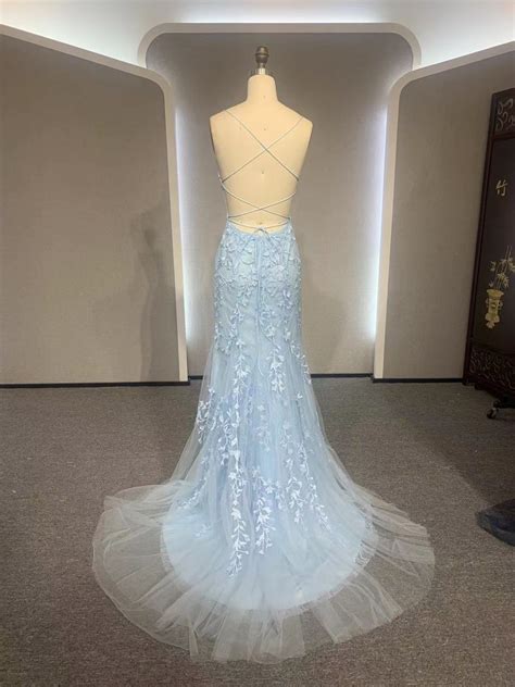 Backless Light Blue Lace Prom Dresses Open Back Light Blue Lace Forma