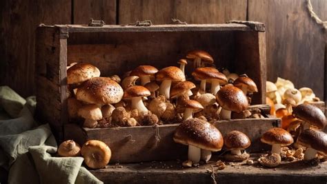 Premium Photo Fresh Mushrooms In A Wooden Box On An Old Background