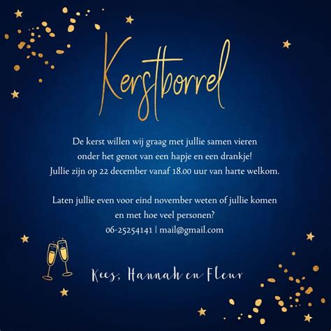 Kerstborrel Uitnodiging Blauw Goudlook Confetti Kaartje Go