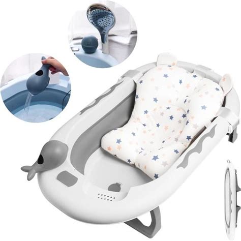 Baignoire pliable bébé Gris Jouets dauphins Coussin de bain Bouchon