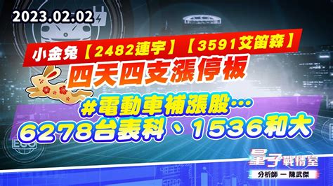 【量子戰情室】陳武傑 0202 小金兔【2482連宇】【3591艾笛森】四天四支漲停板。電動車補漲股6278台表科、1536和大