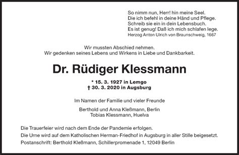 Traueranzeigen Von R Diger Klessmann Sz Gedenken De