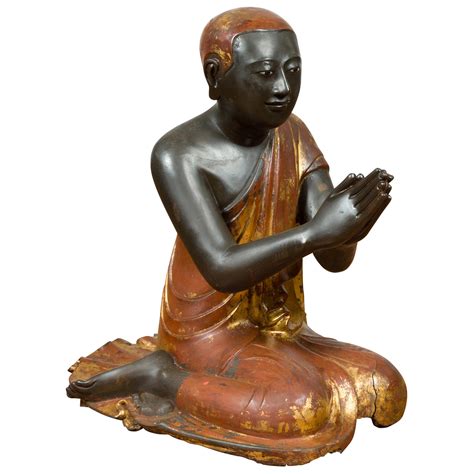 19th Century Burmese Kneeling Buddhist Monk Gilded Wood Temple Figure