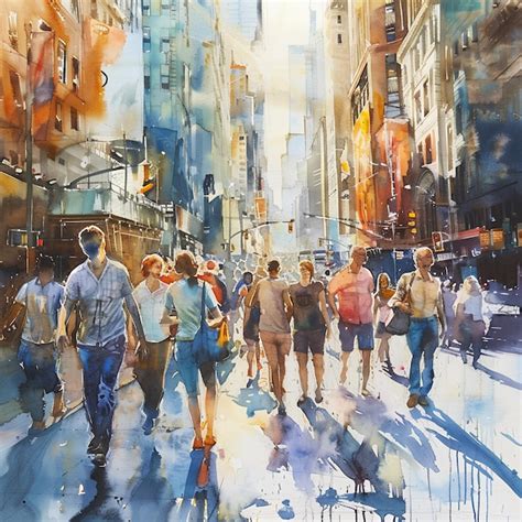 Premium Photo A Painting Of People Walking Down A Street With A Bird