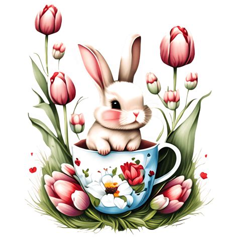 Red Floral Easter Bunny Tea Cup Rectangle Magnet · Creative Fabrica