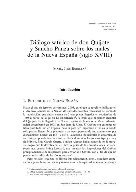 Pdf Diálogo Satírico De Don Quijote Y Sancho Panza Sobre Los Males De