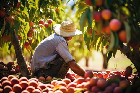 Agricultor Cuidando De Vibrante Pomar De Rvores Frut Feras Ia