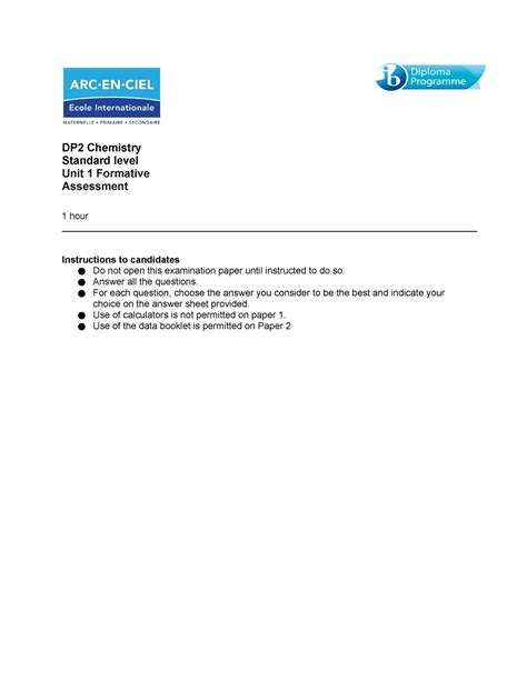 DP2 Chemistry Unit 1 Formative Ass SL DP2 Chemistry Standard Level