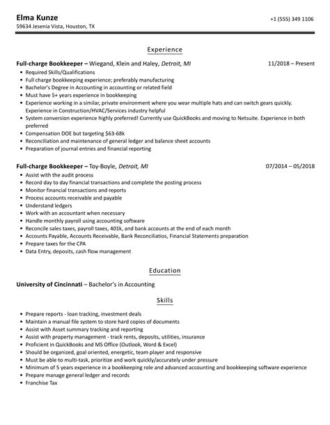 Full Charge Bookkeeper Resume Samples Velvet Jobs