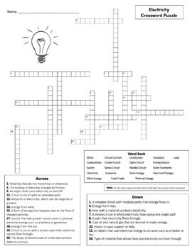 Electricity Vocabulary Crossword Puzzle By Thee Teaching Queen TPT