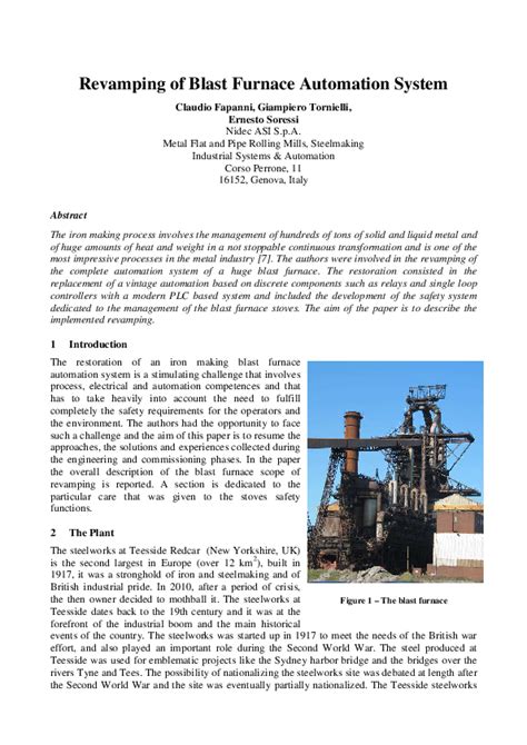 (PDF) Revamping of Blast Furnace Automation System | Ernesto Soressi - Academia.edu