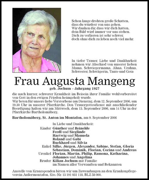 Todesanzeigen Von Augusta Mangeng Todesanzeigen Vorarlberger Nachrichten