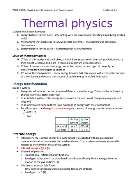 PHYC10006 Thermal Notes Thermal Physics Divided Into 3 Main Branches