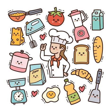 Chef De Dibujos Animados Con Utensilios De Cocina Kawaii Doodle