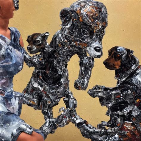 A Cyborg Petting A Puppy Realistic Oil Painting Stable Diffusion