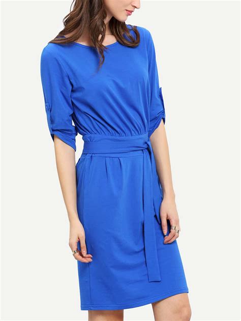 Blue Half Sleeve Belt Dress Shein Sheinside