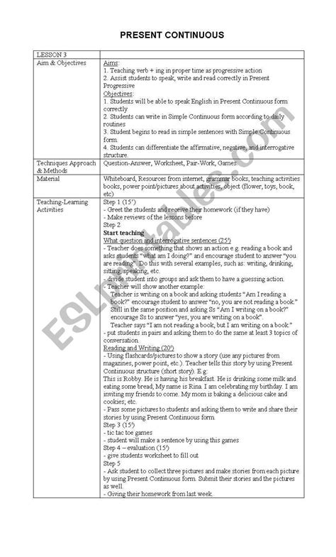 Lesson Plan Present Continuous ESL Worksheet By Jrumuat